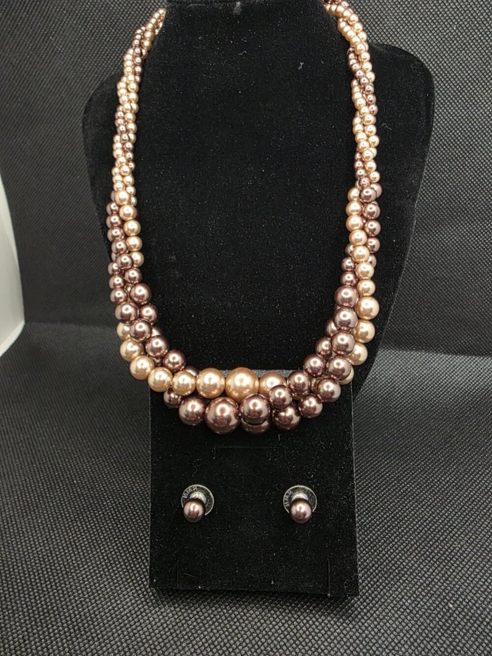 Roman RMN Vintage bronze, chocolate, & champagne Bead Necklace and Earrings Set